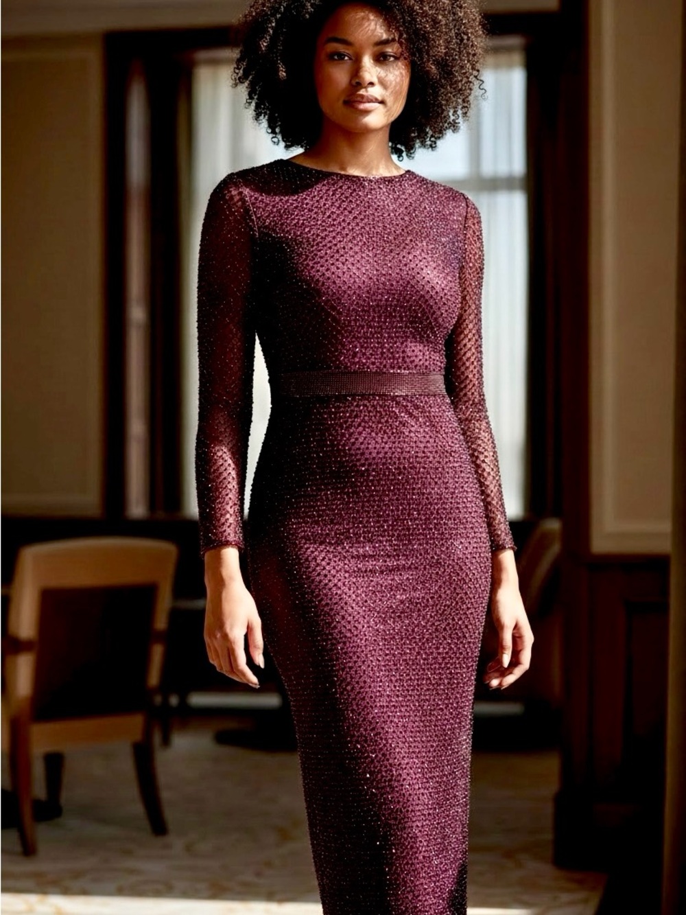 Mac Duggal Plum Long Sleeve Beaded Midi Dress